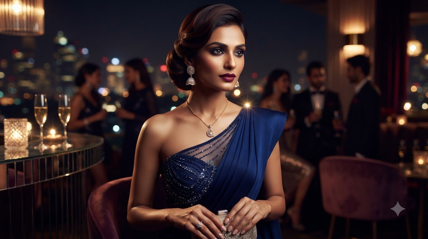 Woman in a blue evening saree wearing a pendant necklace, drop earrings and a ring