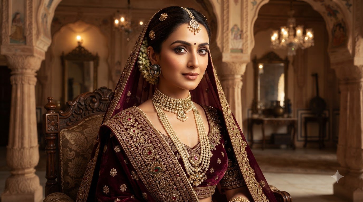 Layered pearl-style necklaces and a choker with a maroon bridal outfit