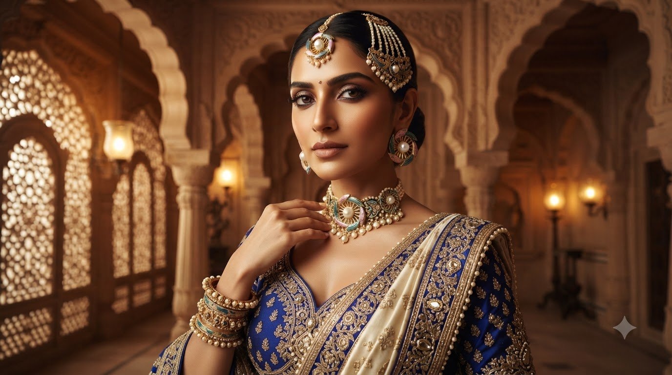 Decorative choker, earrings and bangles styled with a blue and ivory outfit