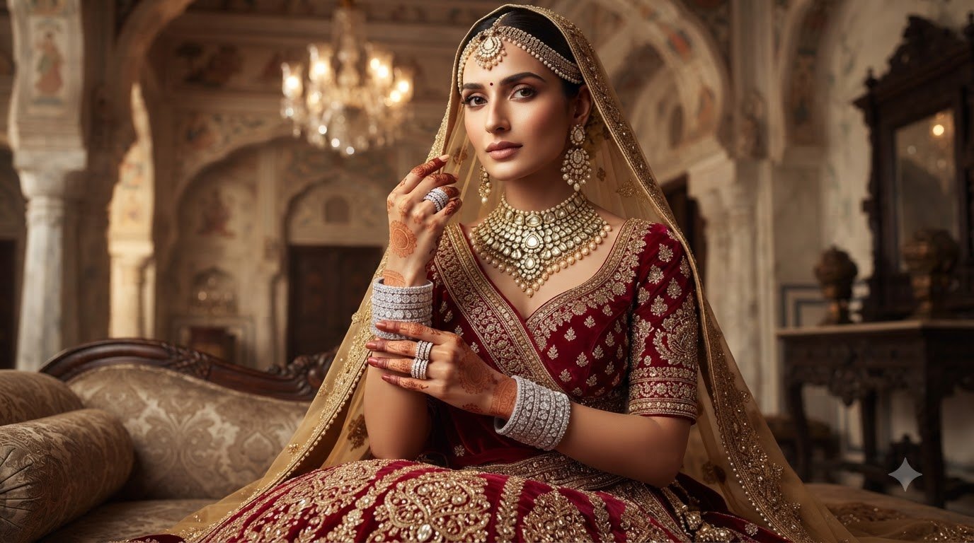 Statement necklace and sparkling bangles with a gold-edged bridal veil
